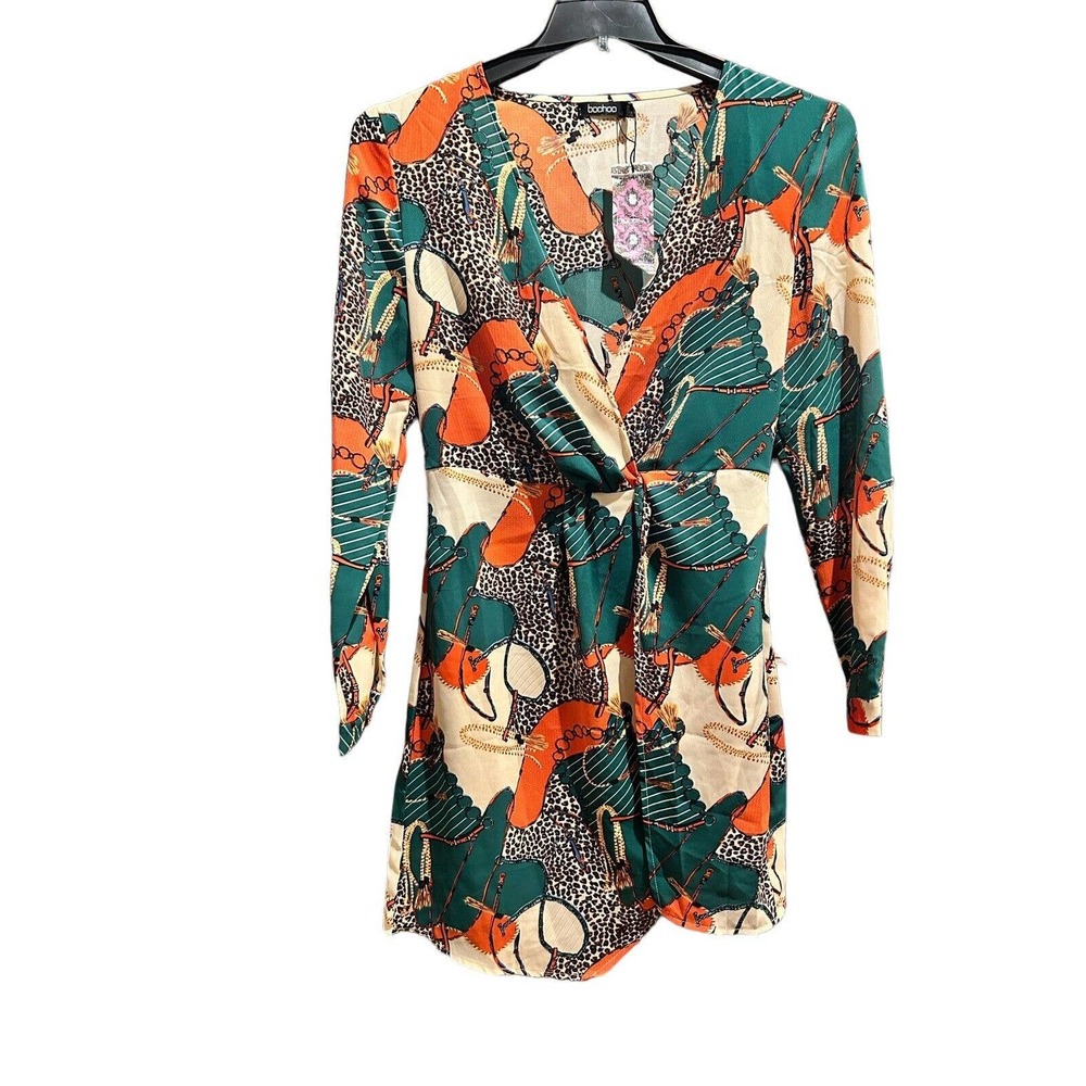 Boohoo V Neck Dress Long Sleeves Faux Wrap Side Zip Mixed Print Green Size 6